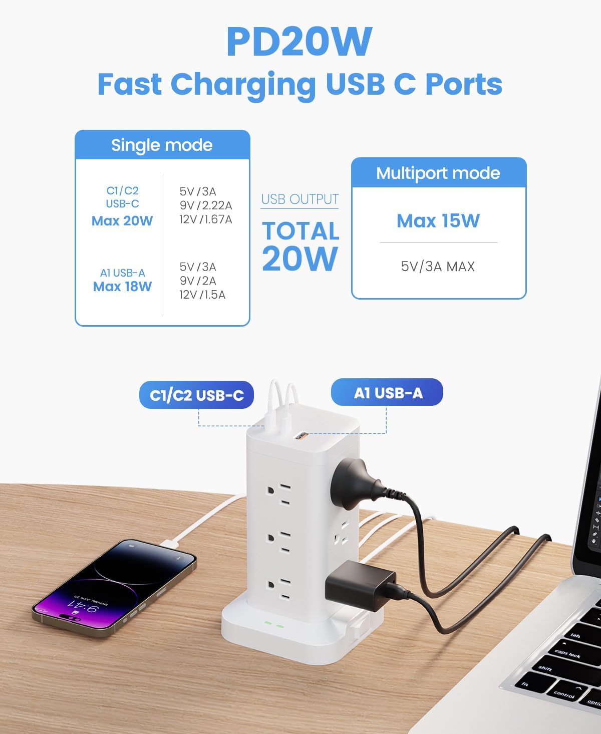 15-in-1 Power Strip Tower with Surge Protector 1800J, Fast Charging Tower PD20W USB-C Ports with 12 AC Outlets, 6ft Extension Cord for Home Office Dorm Room, White