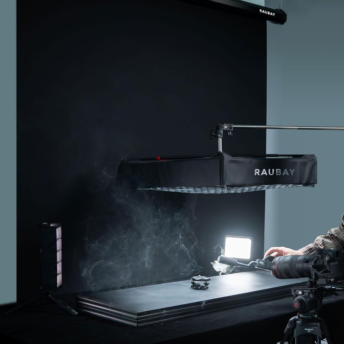 RAUBAY Motorized Pull Down Black Screen Backdrop - 59.8" x 86.6" Collapsible Wall-Mount Background for Professional Video Production, Photography Studio, Video Conferencing and YouTube, TikTok Creator