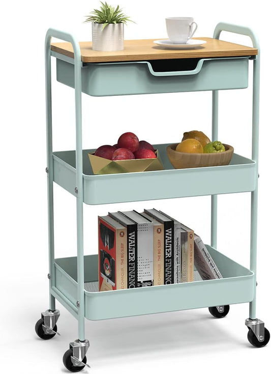 3 Tier Rolling Cart, Utility Cart with Drawer and Table Top, Metal Rolling Kitchen Storage Organizer Cart with Handle and Locking Wheels for Bathroom Office Balcony Living Room
