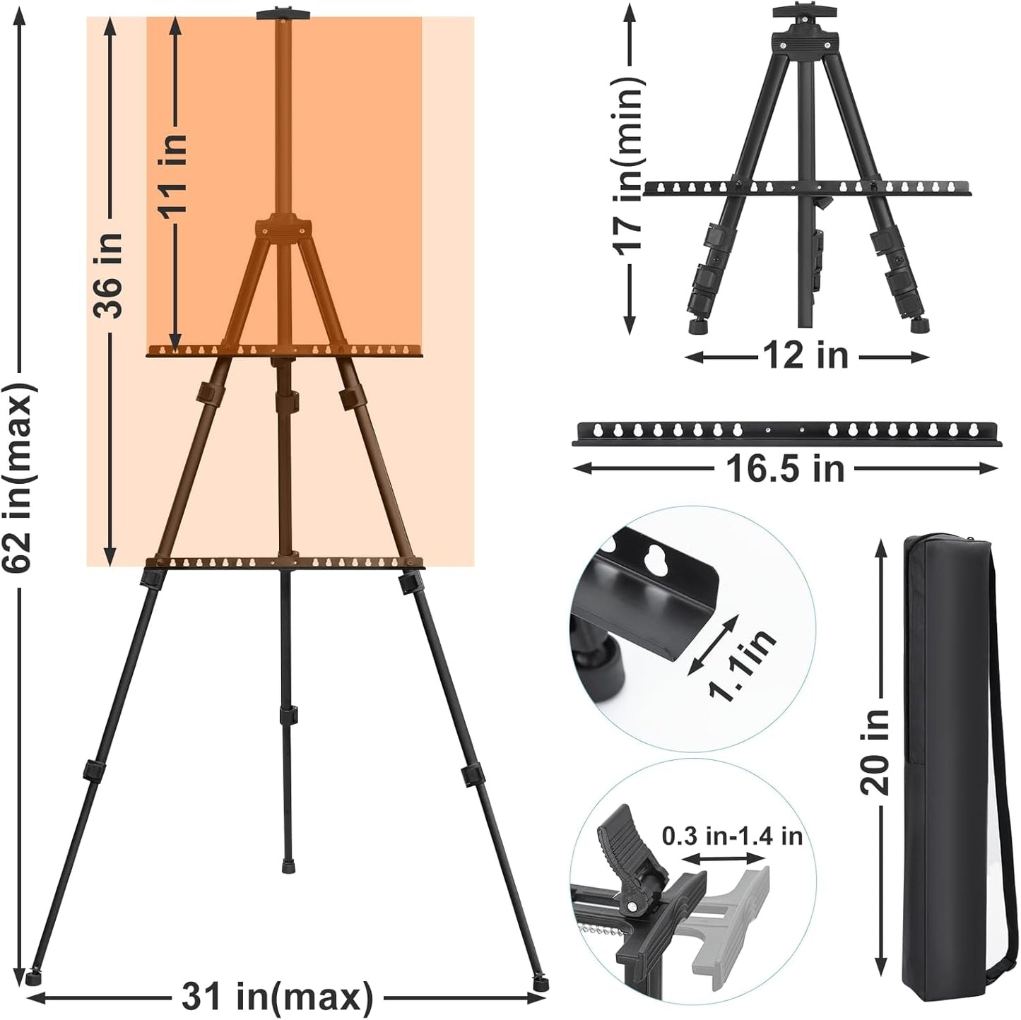 Easel Stand for Sign 2 PCS, Adjuastable Travel Art Canvas Holder with Portable Bag, Metal Tripod Poster Holder Stand Height from 17 to 66 inches, Black