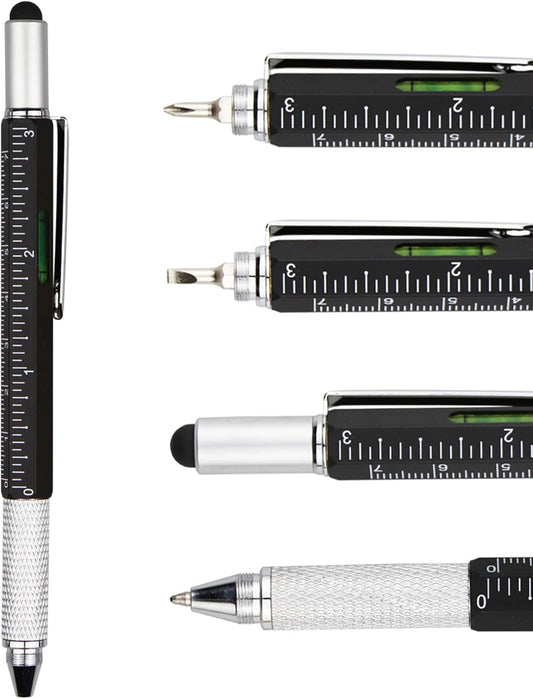 DUNBONG Metal Multi tool Pen 6-in-1 Stylus Pen - With Screwdriver, Ballpoint Pen Black ink, Stylus pen, Level and Ruler, 1-Count (Black)