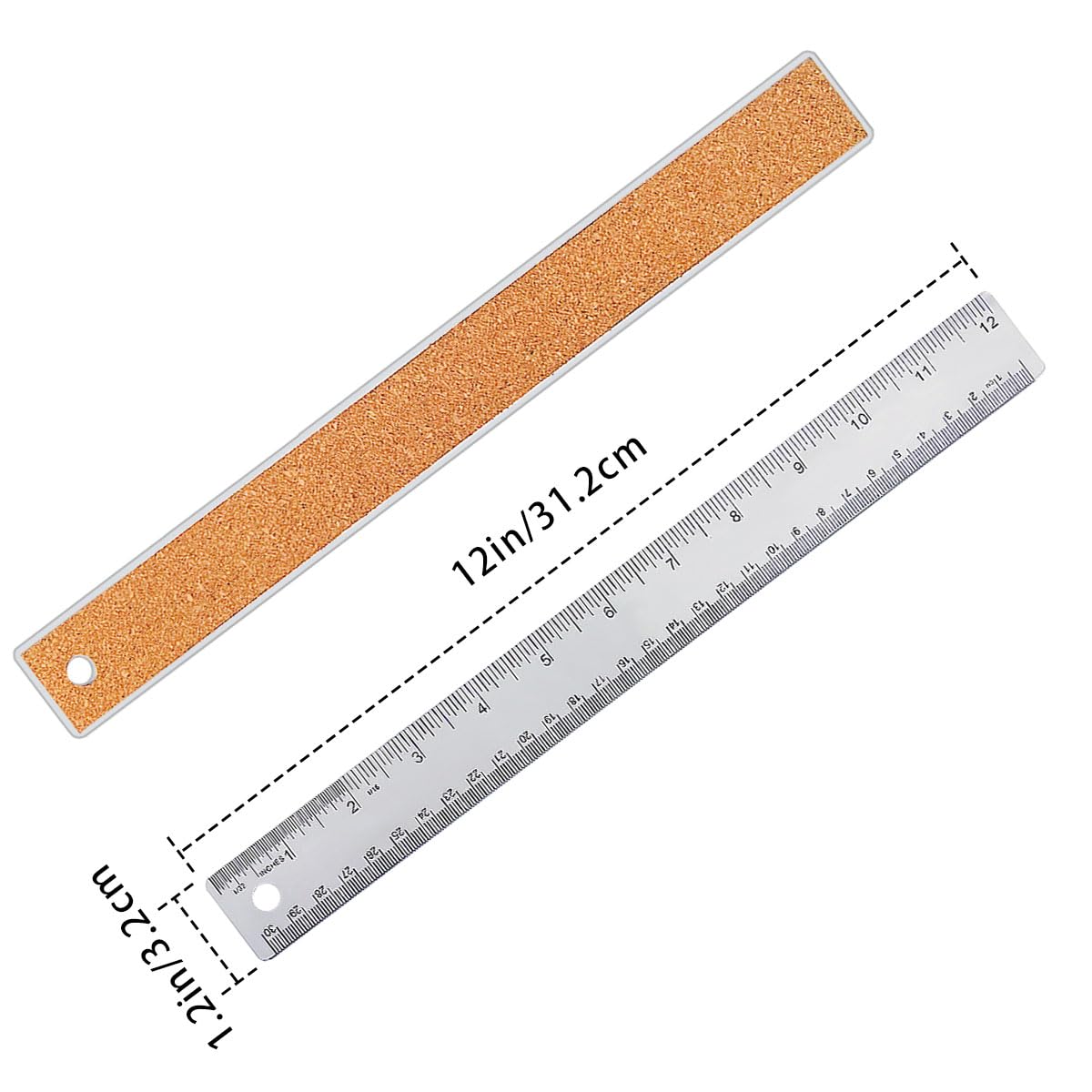 12 Inch Metal Ruler Stainless Steel Metal Ruler with Cork Backing, Non-Slip Rulers with Inch and Centimeters, Straight Edge Cork Base Rulers for Student School Office Drafting Tools