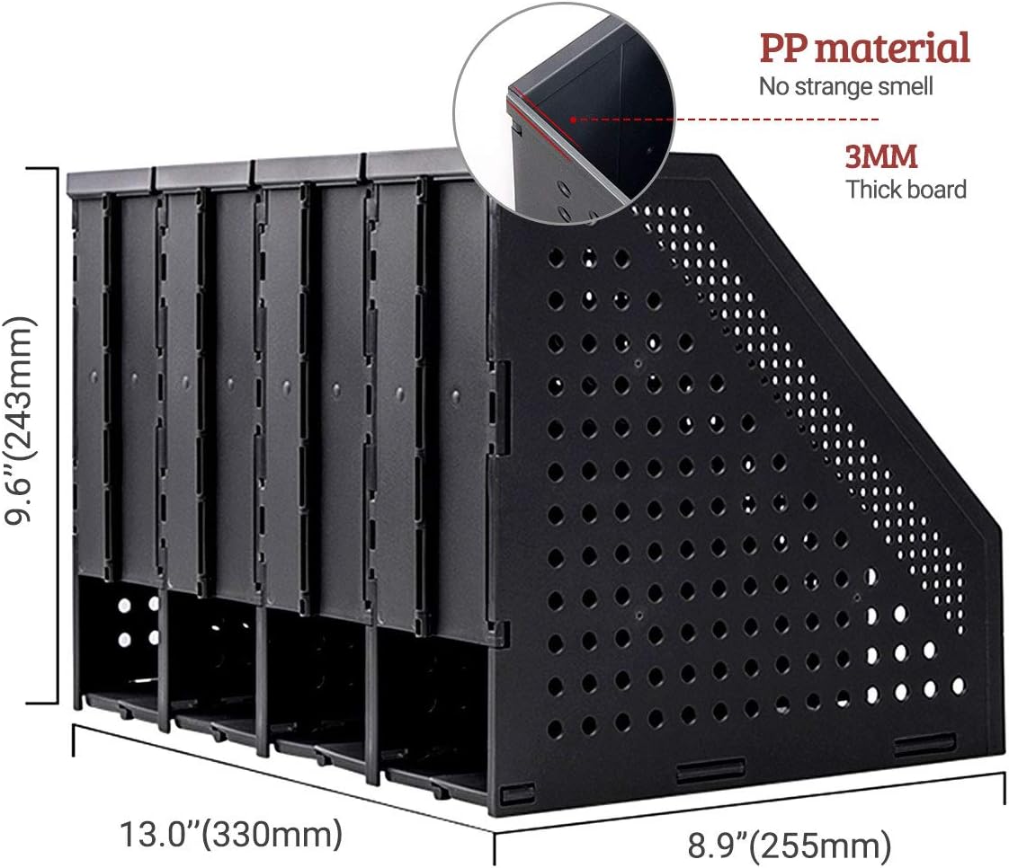 SAYEEC Collapsible Magazine Holder Plastic Desktop 4 Compartment File Rack Magazine Organizer Vertical File Divider Sorter Storage Document Organizer for Office Home School Black
