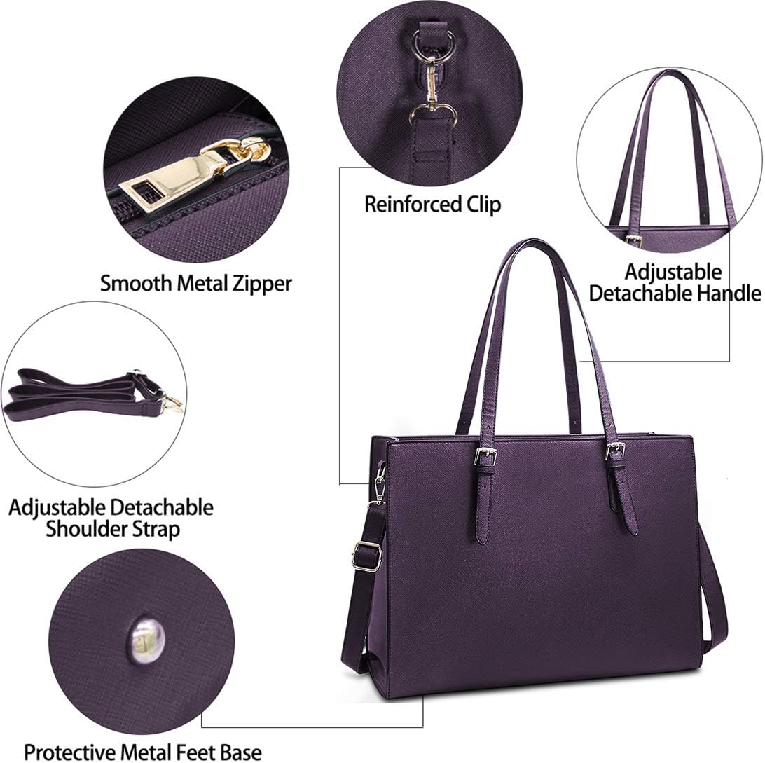 Laptop Bag for Women Waterproof Lightweight Leather 15.6 Inch Computer Tote Bag Business Office Briefcase Large Capacity Handbag Shoulder Bag Professional Office Work Bag Dark Purple