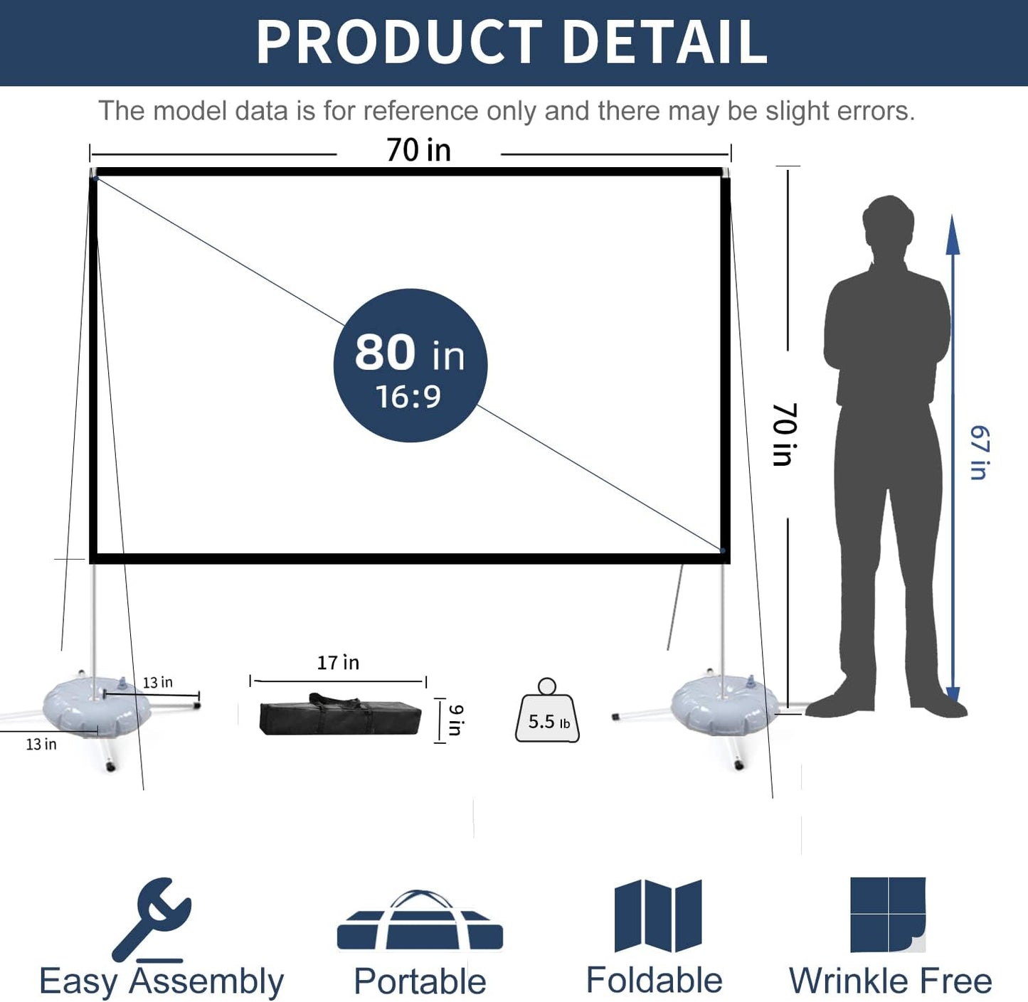 Projector Screen Portable Outdoor Movie: Projection Screens Stand 4K Cinema 80 inch for Camping White