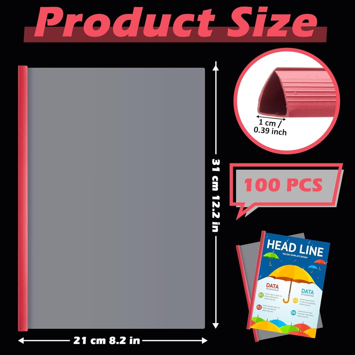 Thenshop 100 Pcs Clear Report Covers with Sliding Bars Sliding Bar File Folder Binder Plastic Report Folder for File Paper Book Resume Letter Office, 30 Sheet Capacity (Red)