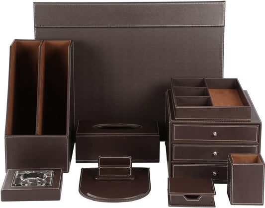 KINGFOM 10-Piece Office Desk Organizer Set, File Holder, Drawer Organizer, Memo Paper Holder, Pen Holder, Name Card Holder, Mouse Pad, Desk Pad, Tissue Box Holder (T07K)