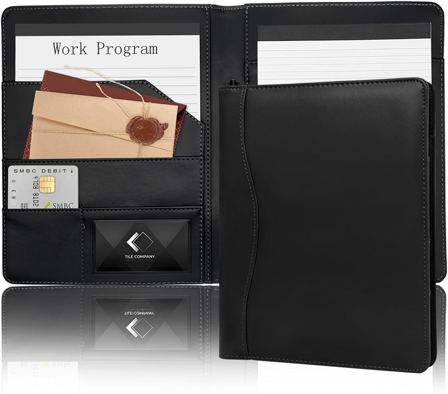 Leather Portfolio Binder 5 x 8, Mini Soft Leather Padfolio A5 Business Binder Legal Writing Pad Junior Size Document Organizer for Present Gift Kid Men Women Black