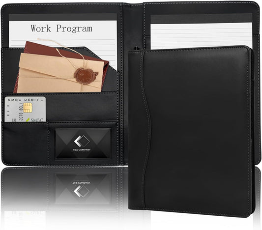 Leather Portfolio Binder 5 x 8, Mini Soft Leather Padfolio A5 Business Binder Legal Writing Pad Junior Size Document Organizer for Present Gift Kid Men Women Black