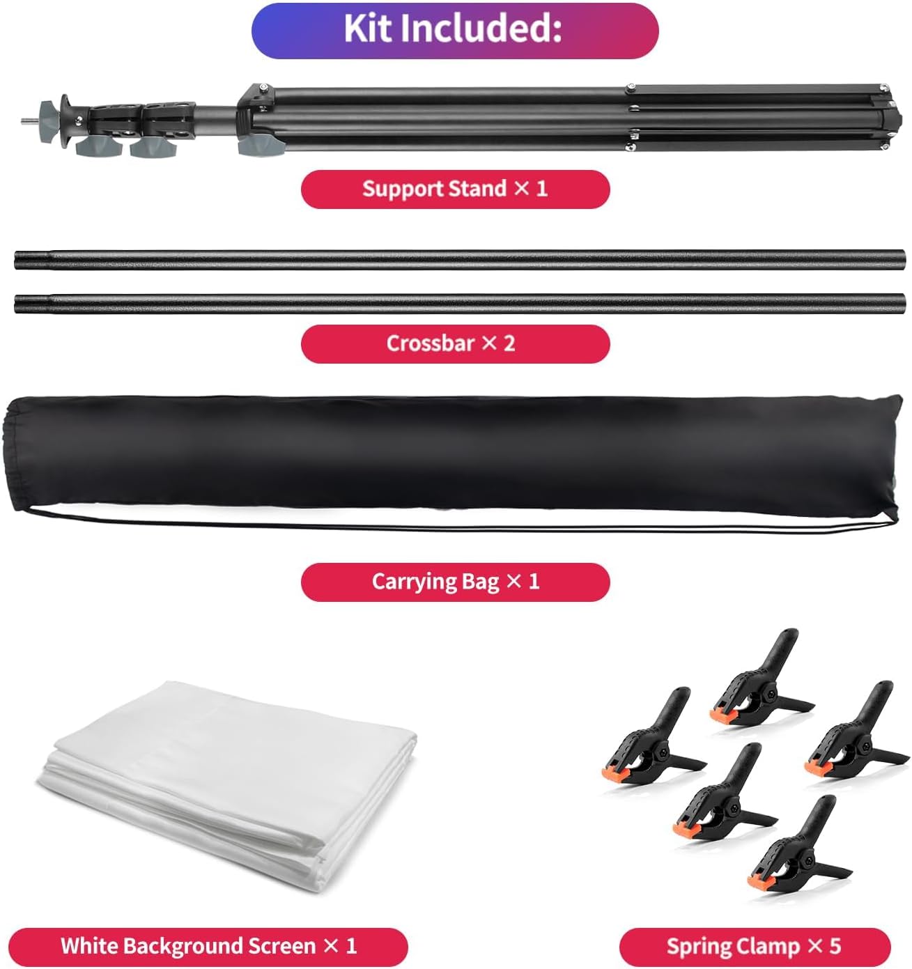 White Backdrop with Stand, 6x9 ft White Photo Backdrop Curtain with 6.3x6.5 ft Background Stand, Portable Backdrop Support Kit with Carrying Bag, 5 Strong Spring Clamps