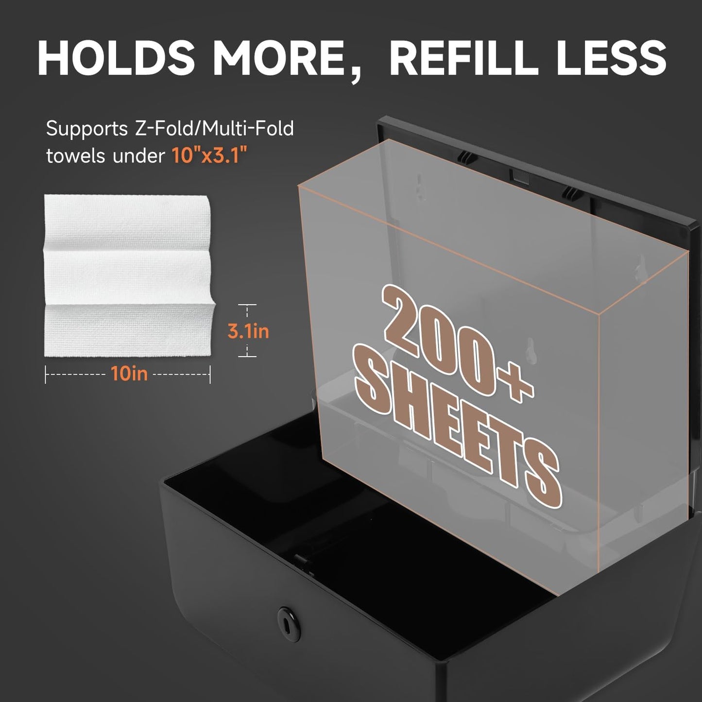 200-Sheet Wall-Mounted Paper Towel Dispenser, Fits Multi-Fold Towels up to 10x3.1 Inches, Perfect for Home & Business (Black)