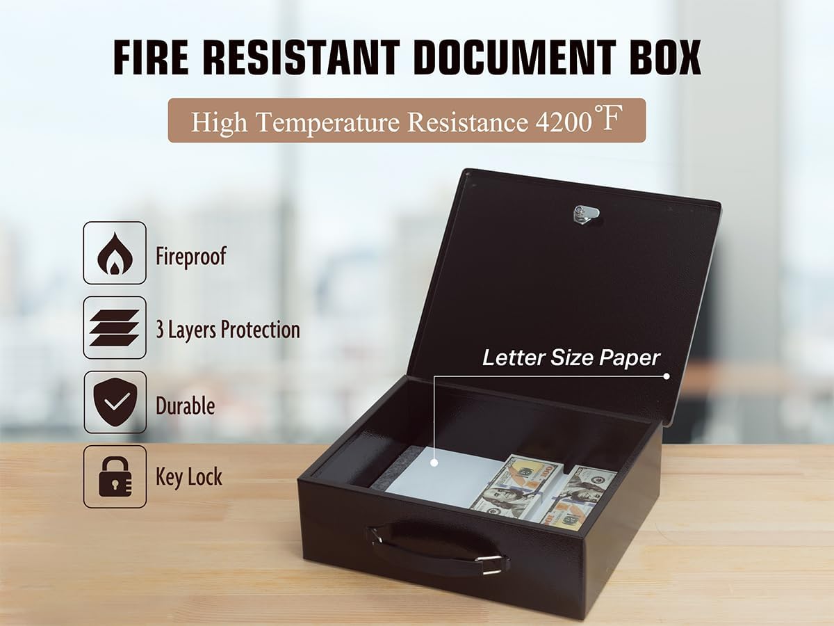 Fireproof Document Box,X Large Fire Resistant Safe Box with Key Lock for Home, Portable Fireproof Lock Box for Personal Items, Passport, Cash, Tablet, Exterior 13.2" x 11" x 4.13"