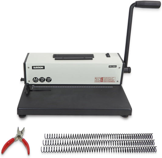 Rayson PD-1501 Coil Binding Machine with Electric Coil Inserter - Professionally Bind Presentations Documents, 4:1 Pitch with 46 Round Holes Spiral Binder