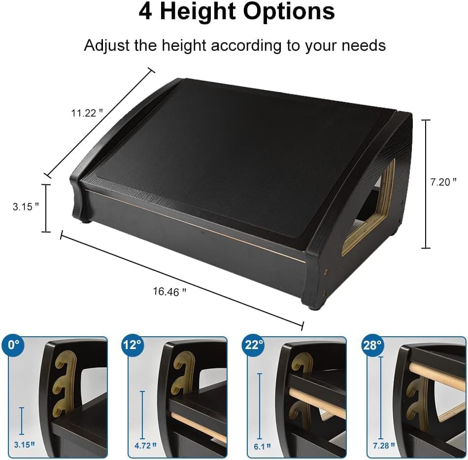 StrongTek Ergonomic Under Desk Footrest, 3 Adjustable Heights Wooden Office Footrest, Large Anti-Slip Surface, Improves Posture and Blood Circulation, up to 400lbs (Black)