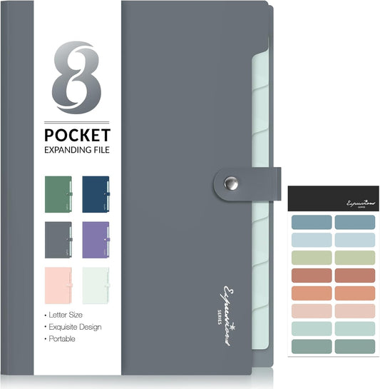 Sooez Elegant Accordion File Organizer with Labels, 8 Pocket Expanding File Folder, Portable Folders for Documents, Cute Paper Organizer for School Office Supplies, Letter Size, Grey