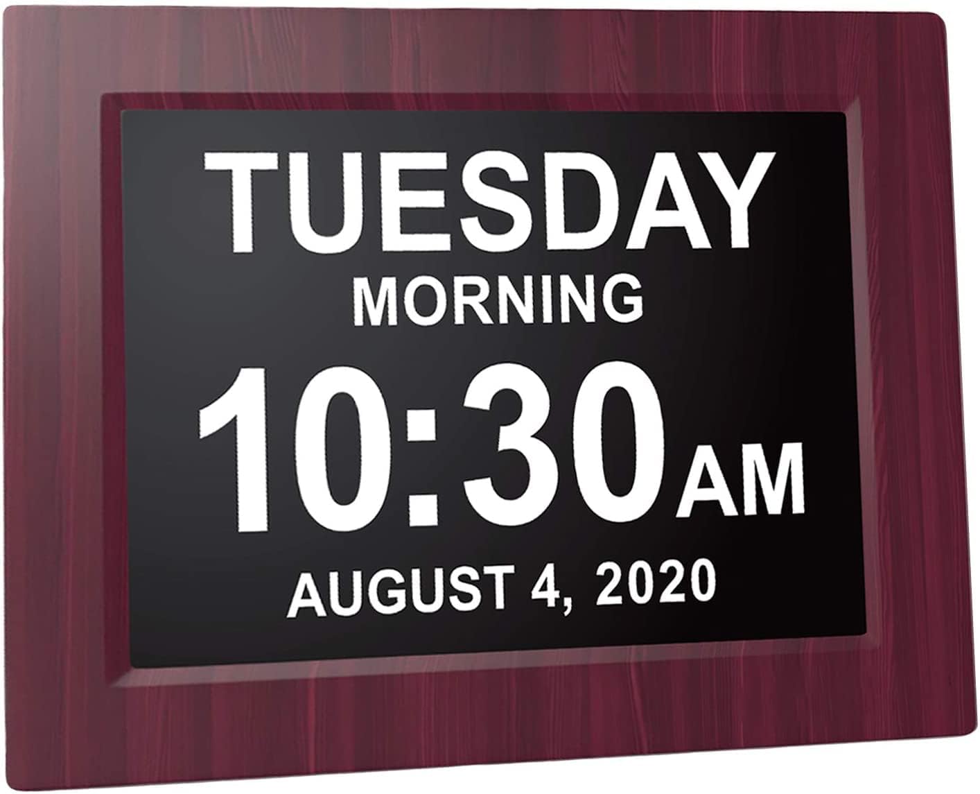 American Lifetime, Upgraded Version, Day Clock Extra Large Impaired Vision Digital Clock with Battery Backup and 5 Alarm Options, Premium Mahogany Color, 8 inch