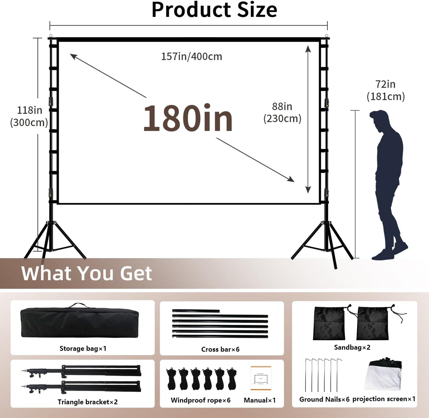 Projector Screen with Stand, Wootfairy 180 inch Portable and Foldable Projection Screen 4K HD 16:9 Rear Front Wrinkle-Free Movie Screen with Carry Bag for Indoor Outdoor Home Theater Backyard Cinema