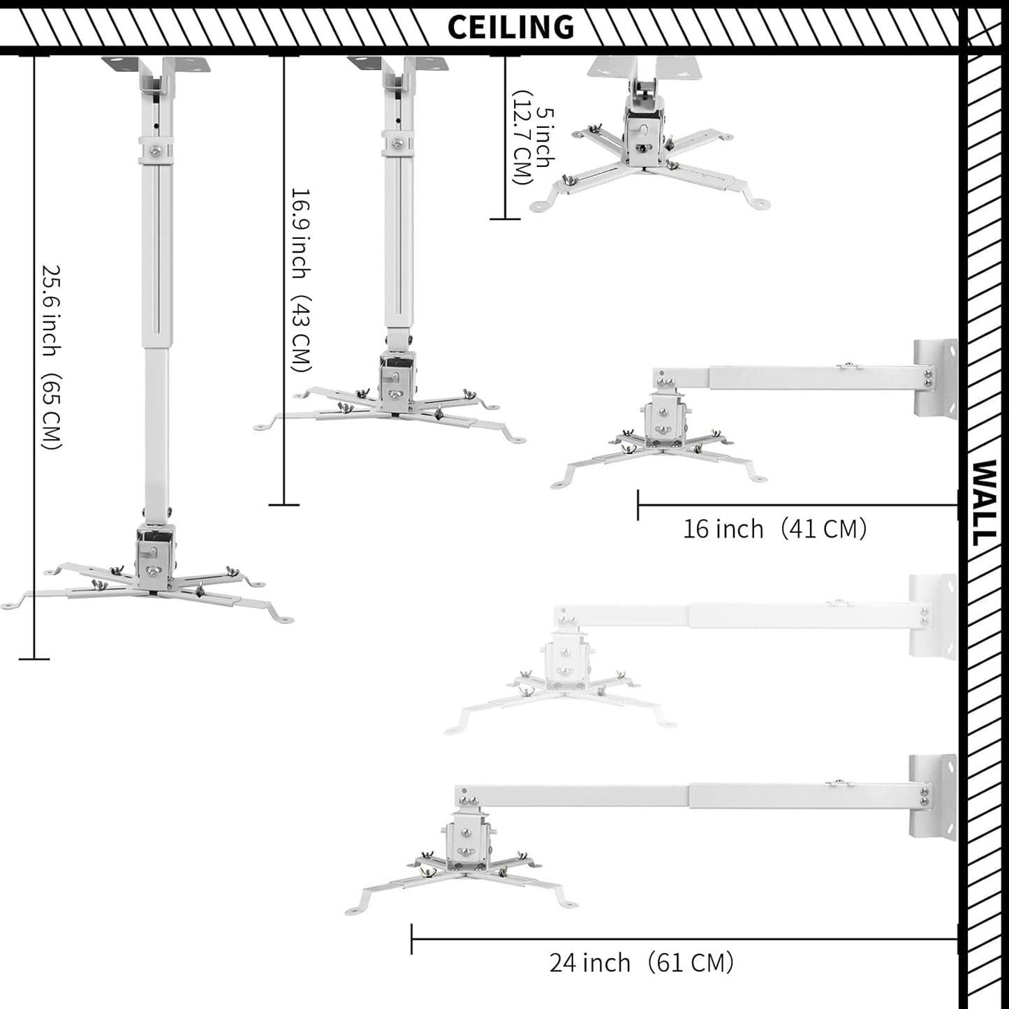 Projector Mount Wall or Ceiling Projection Mount Bracket with Adjustable Height and Extendable Arms Mounts for Home and Office Projector