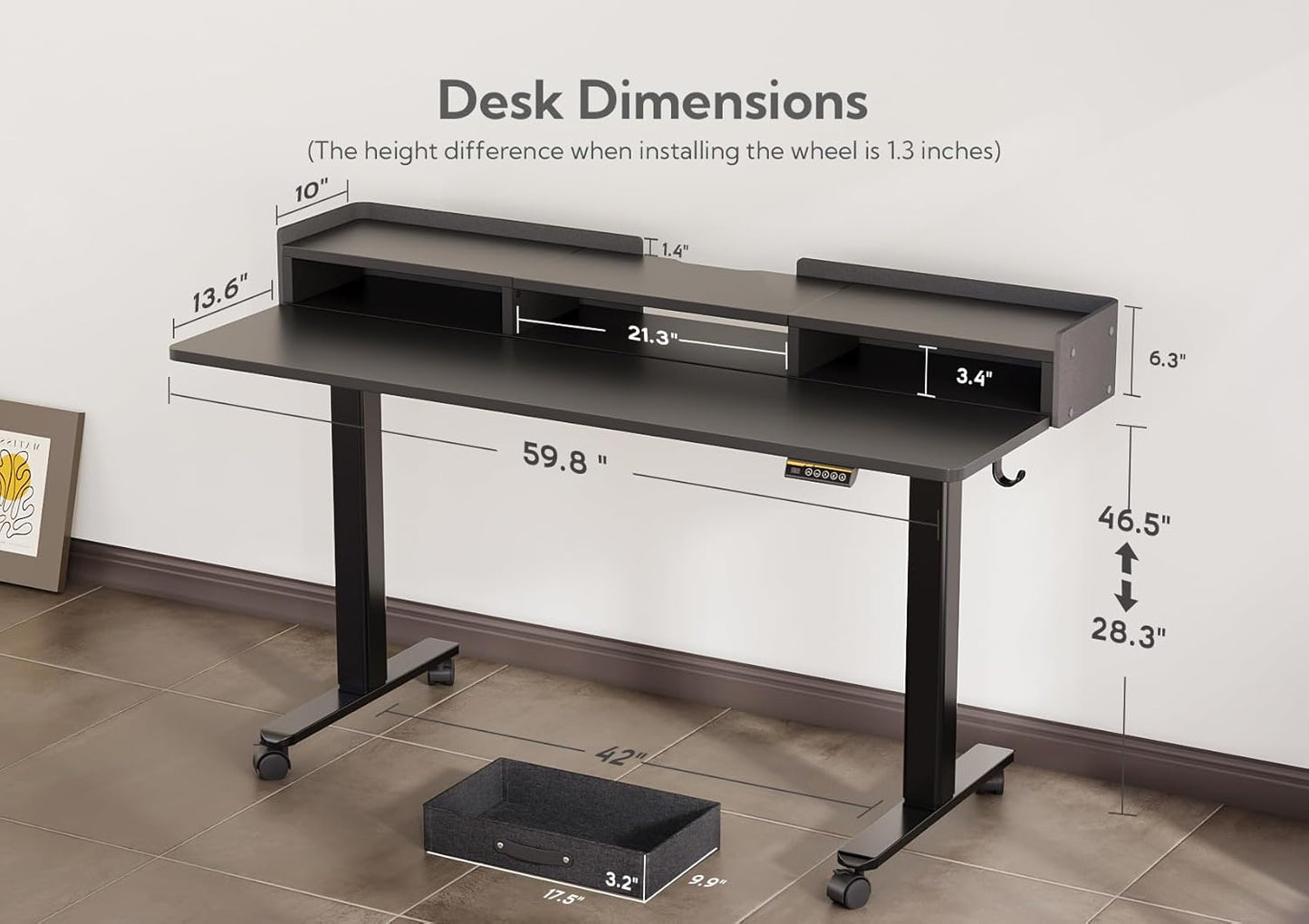 YDN Standing Desk with Drawers, 59 Inch Standing Desk Adjustable Height, Adjustable Electric Stand Up Sit Stand Small with Storage and Shelf, Black