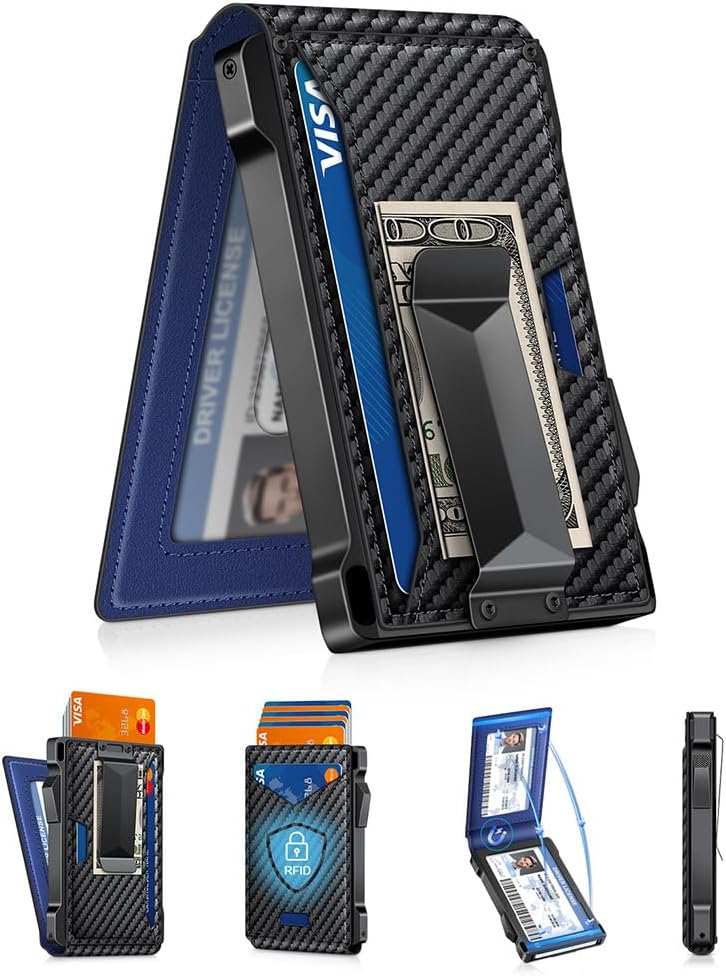 Wallet for Men RFID Wallet with 2 ID Windows & Money Clip, Slim Pop Up Card Holder for 10-12 Cards, Bifold Minimalist Smart Wallet for Front Pocket, Compact Metal Credit Card Holder, Gifts for Men