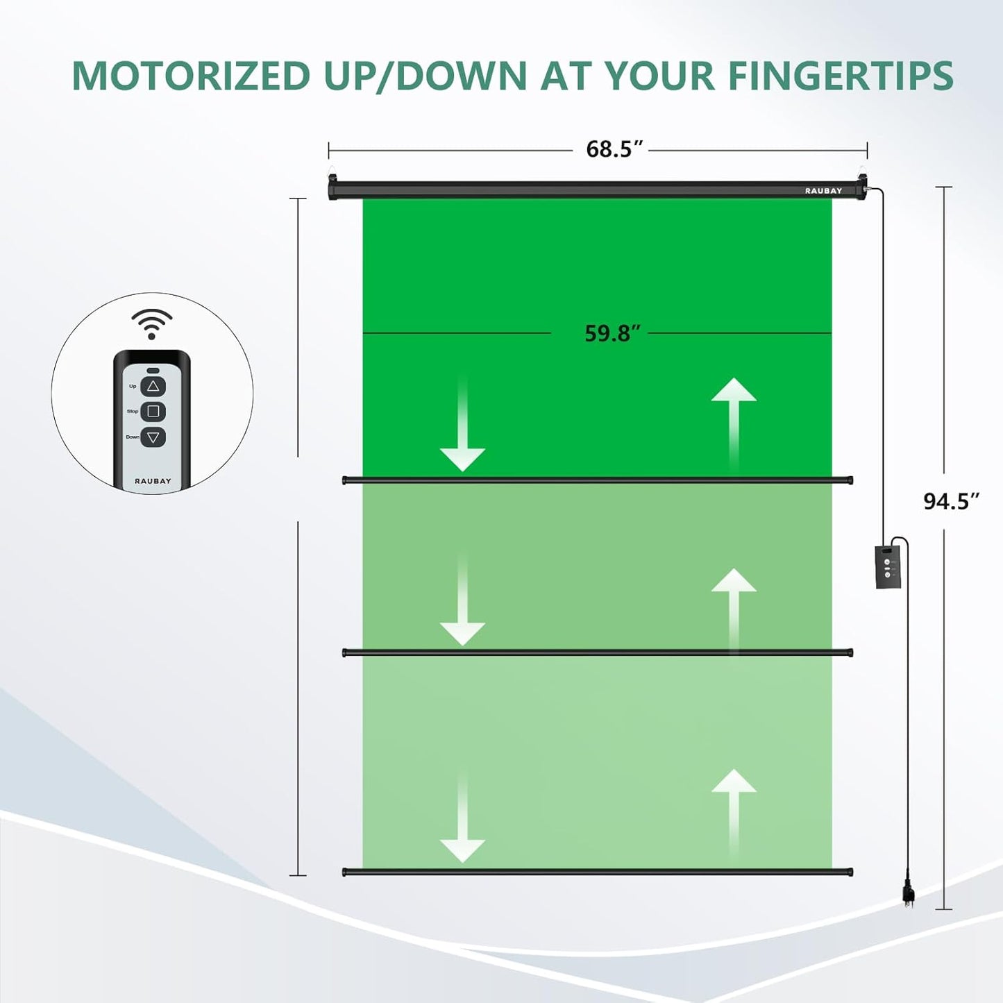 RAUBAY Motorized Pull Down Green Screen - 59.8" x 86.6" Collapsible Wall-Mount Background for Professional Video Production, Chroma Key Backdrop for YouTube, TikTok, Streaming, Video Conferencing