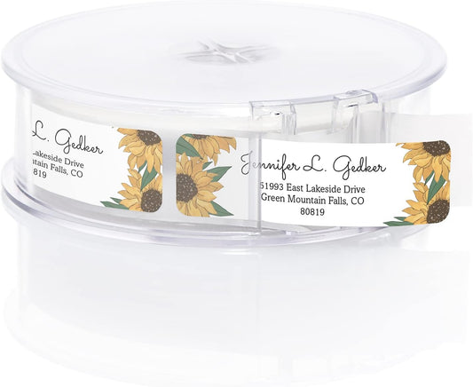 Illustrated Sunflower Rolled Address Labels/Roll of 500 Floral Garden Personalized Address Labels/Designer Return Address Stickers in Elegant Plastic Dispenser