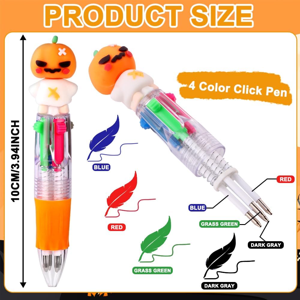 24PCS Halloween Multicolor Ballpoint Pens 4 Colors in 1 Retractable 0.7mm Cartoon Cute Fun Pens for Kids Ghost Pumpkin Writing tationery for Holiday Party School Supplies Students Rewards