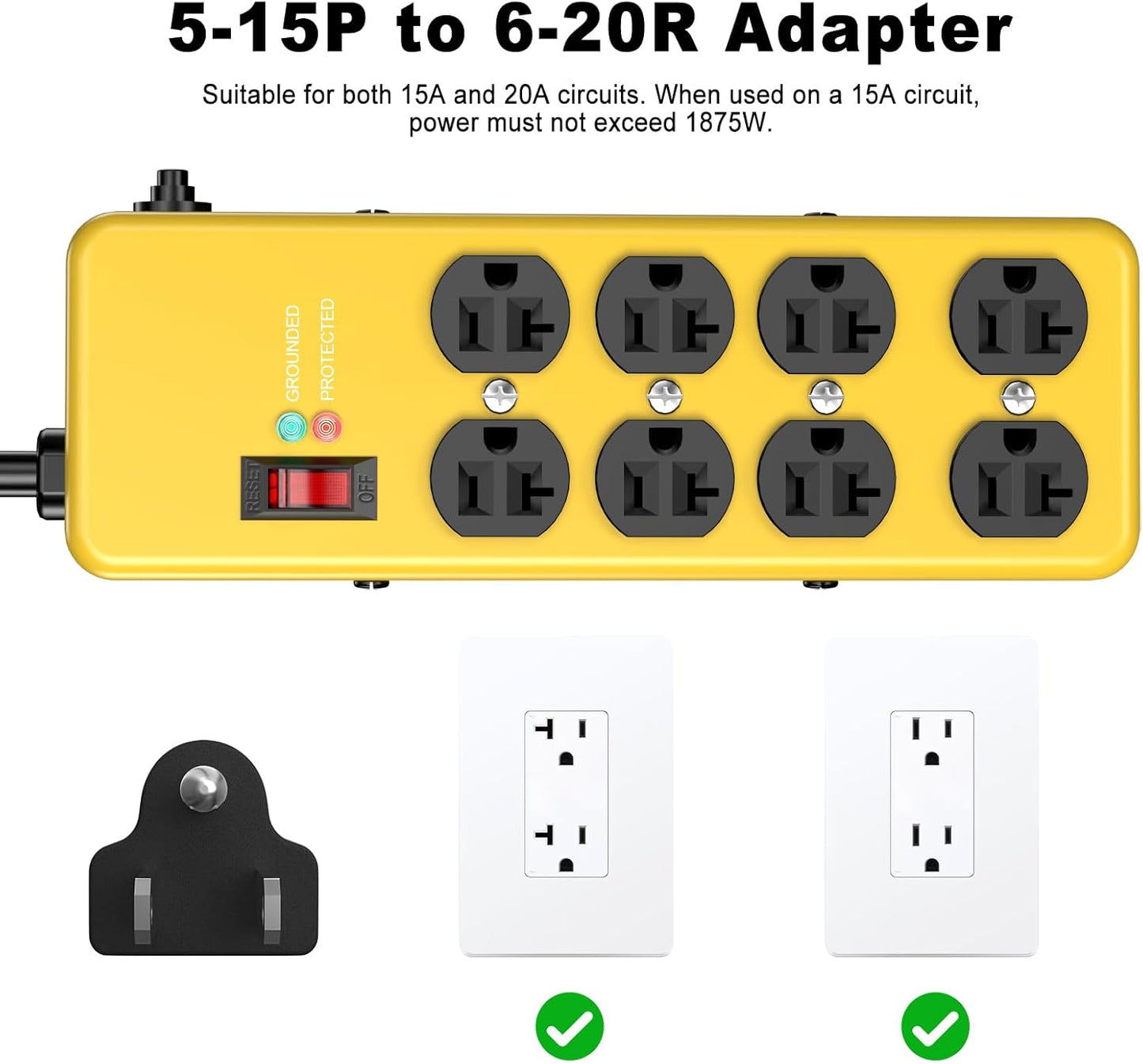 HEZI 20A Power Strip Surge Protector Durable Metal 8-Outlet with Heavy Duty 20 Amp Extension Cord, 12 Gauge for Garage,Workshop & Industrial Use with 6-20R T-Slot Outlets,4800J(Yellow,10FT)