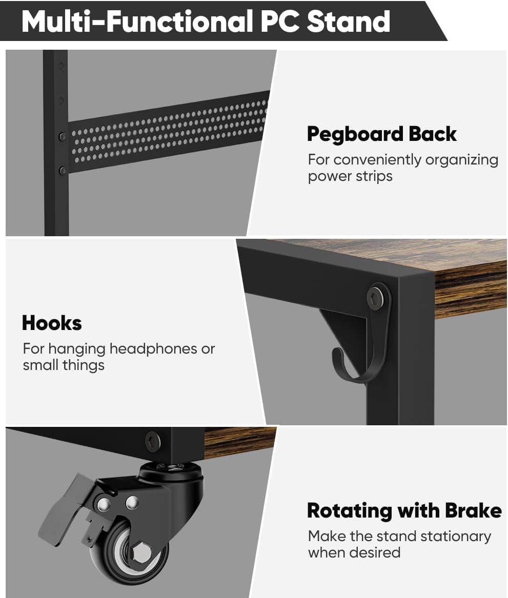 Computer Tower Stand, 2-Tier Metal CPU Holder Stand with Lockable Wheels, Adjustable Under Desk PC Shelf, Mobile Rolling Computer Cart for Home, Office, Gamers and Students, Black