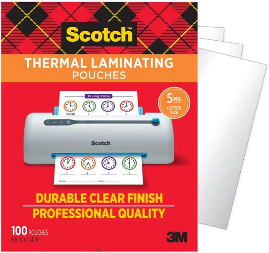 Scotch Thermal Laminating Pouches, 100 Count, Clear, 5 mil, Laminate Business Cards, Small Banners, Essays, Office or School Supplies, Fits Letter Size 8.9x11.4 in Paper