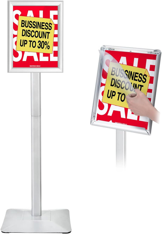 Heavy Duty Adjustable Pedestal Poster Sign Stand, 8.5x11 Aluminum Open Floor Standing Sign Holder for Vertical and Horizontal View Display (8.5x11,Silver)