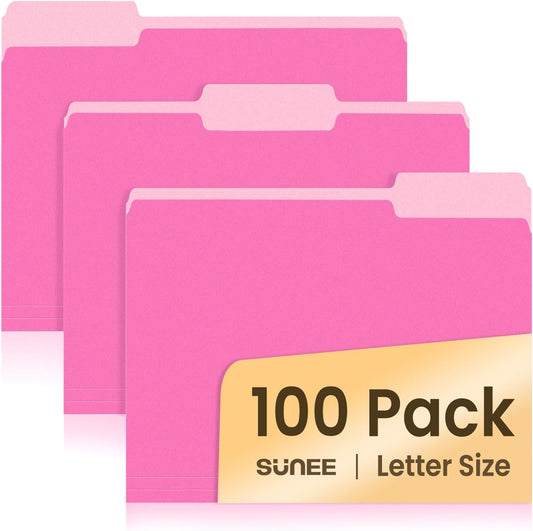 SUNEE File Folders, 100 Pack Manilla Folders 8.5 x 11, Colored File Folders Home Office School Supplies for Documents Files Paper, Neon Pink