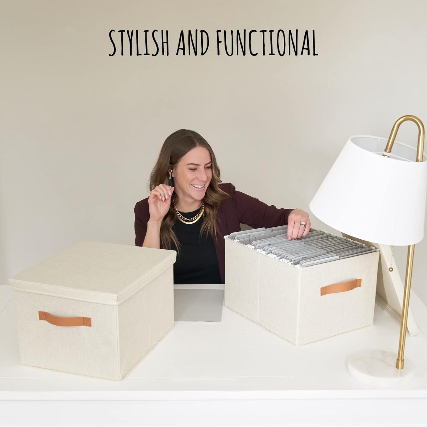 ZICOTO Decorative File Organizer Box Set of 2 - Collapsible Linen Filing Cabinets w/Handles Are Perfect to Store all Your Documents & Hanging File Folders - Portable Easy Slide Crates with Lid