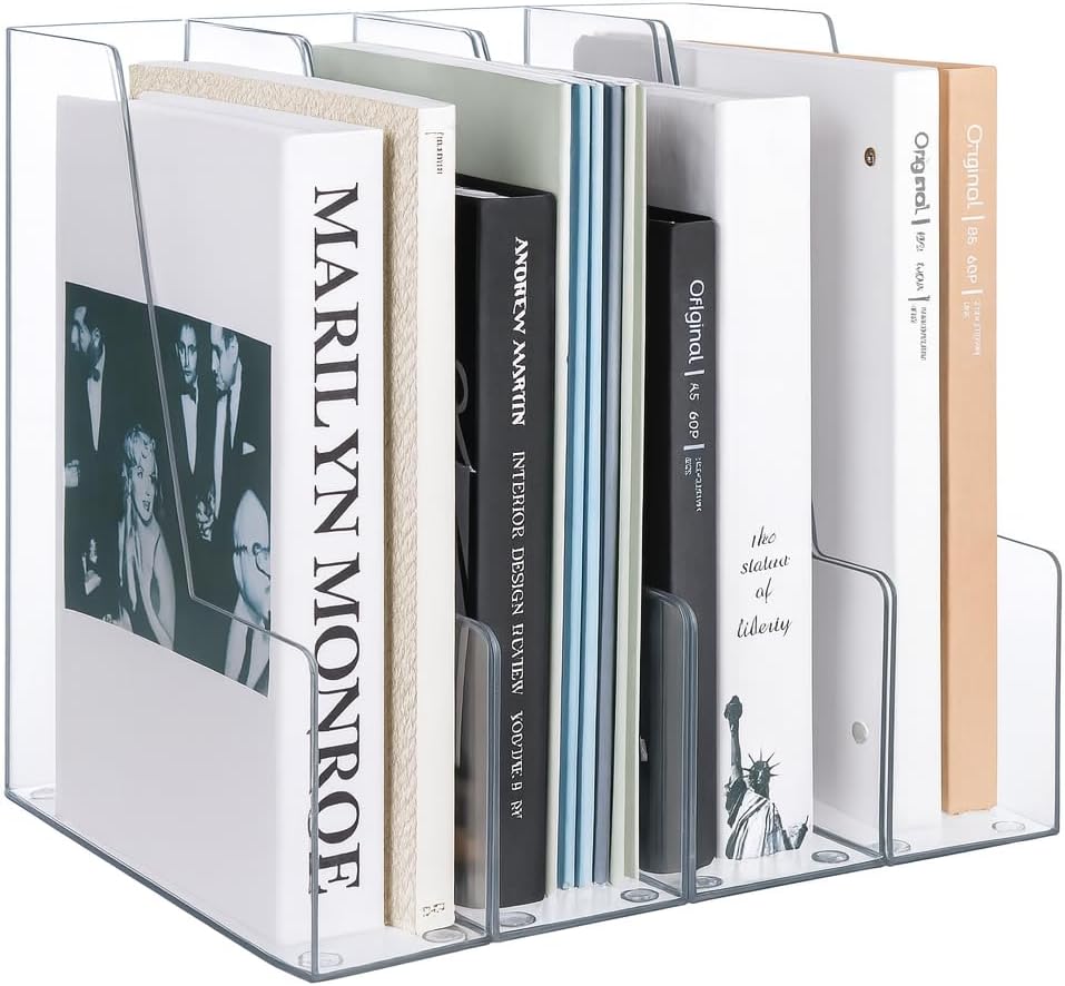 Vertical Magazine File Holder, Clear File Organizer Desk Organizer and Storage Bins Holding for Magazines, Binders, Notebooks, Envelopes, Plastic Office Organization and Storage for Desk, 4 pack