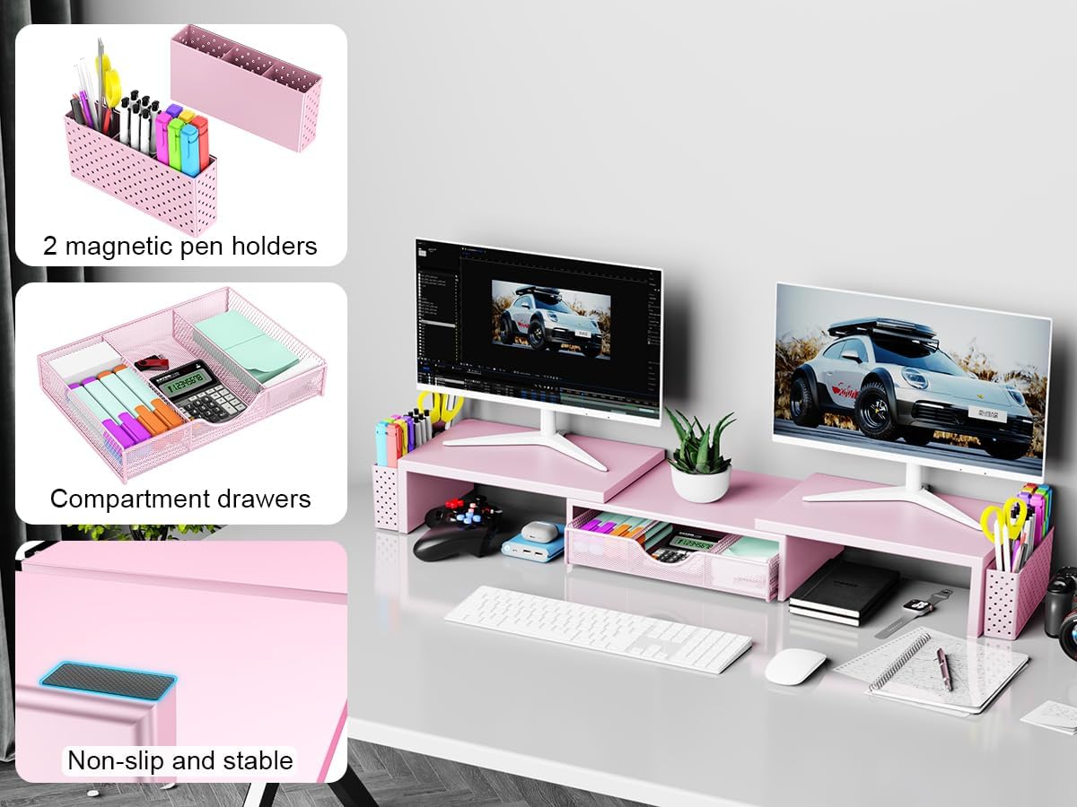 Spacrea Metal Desk Organizers and Accessories, Dual Monitor Stand Riser with Drawer and 2 Pen Holders, Desk Accessories & Workspace Desktop Organizers for Office Supplies (Pink)