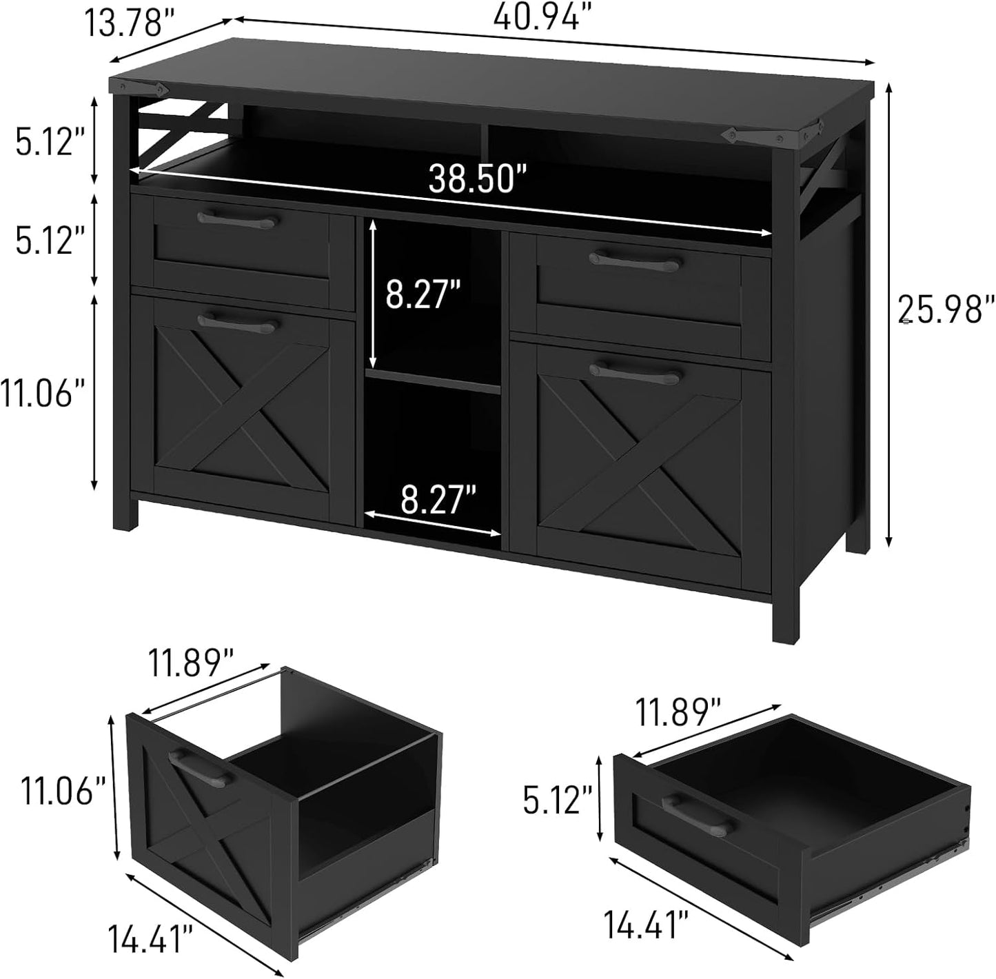 Farmhouse Filing Cabinet with Adjustable Shelf for Home Office, Lateral File Cabinets 4 Drawers with Open Storage Shelf, Filing Organization Storage Cabinets for Hanging Files Letter/A4.(Pure Black)