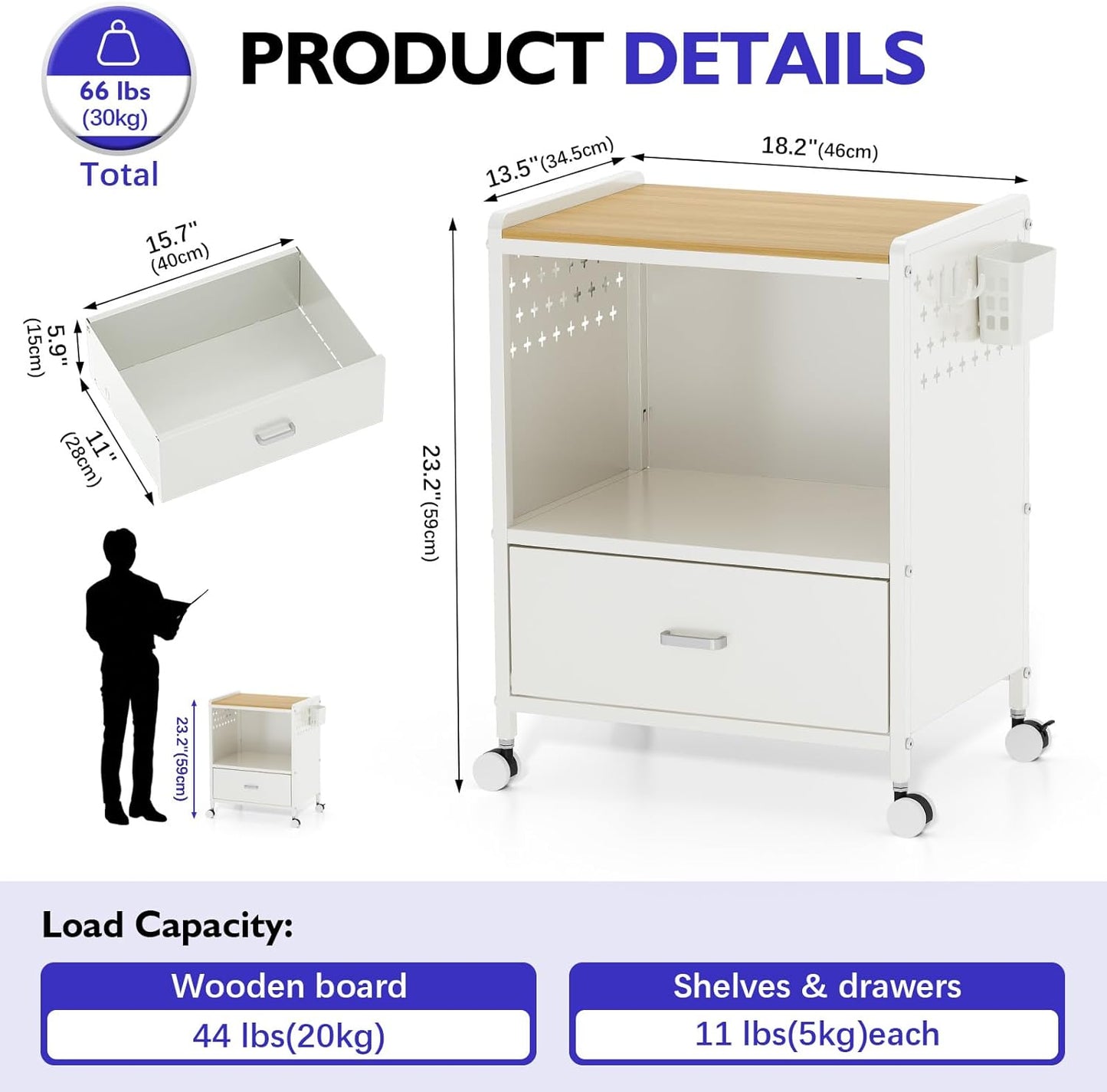 TOOLF 1-Drawer Mobile File Cabinet with Wheels, MDF Wooden Panel Printer Stand with Adjustable Shelves, 2 Storage Bins & 4 Hooks, Home Office Organization