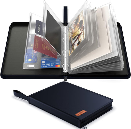 Important Document Organizer Zipper Binder,Fireproof Document Bag for Birth Certificate Protector, Waterproof Bill Organizer in Case I Go Missing Binder for Home Safe, 4 Ring Receipt Holder(Blue)