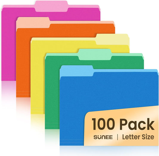 SUNEE File Folders, 100 Pack Manilla Folders 8.5 x 11, Colored File Folders Home Office School Supplies for Documents Files Paper, 5 Assorted Colors