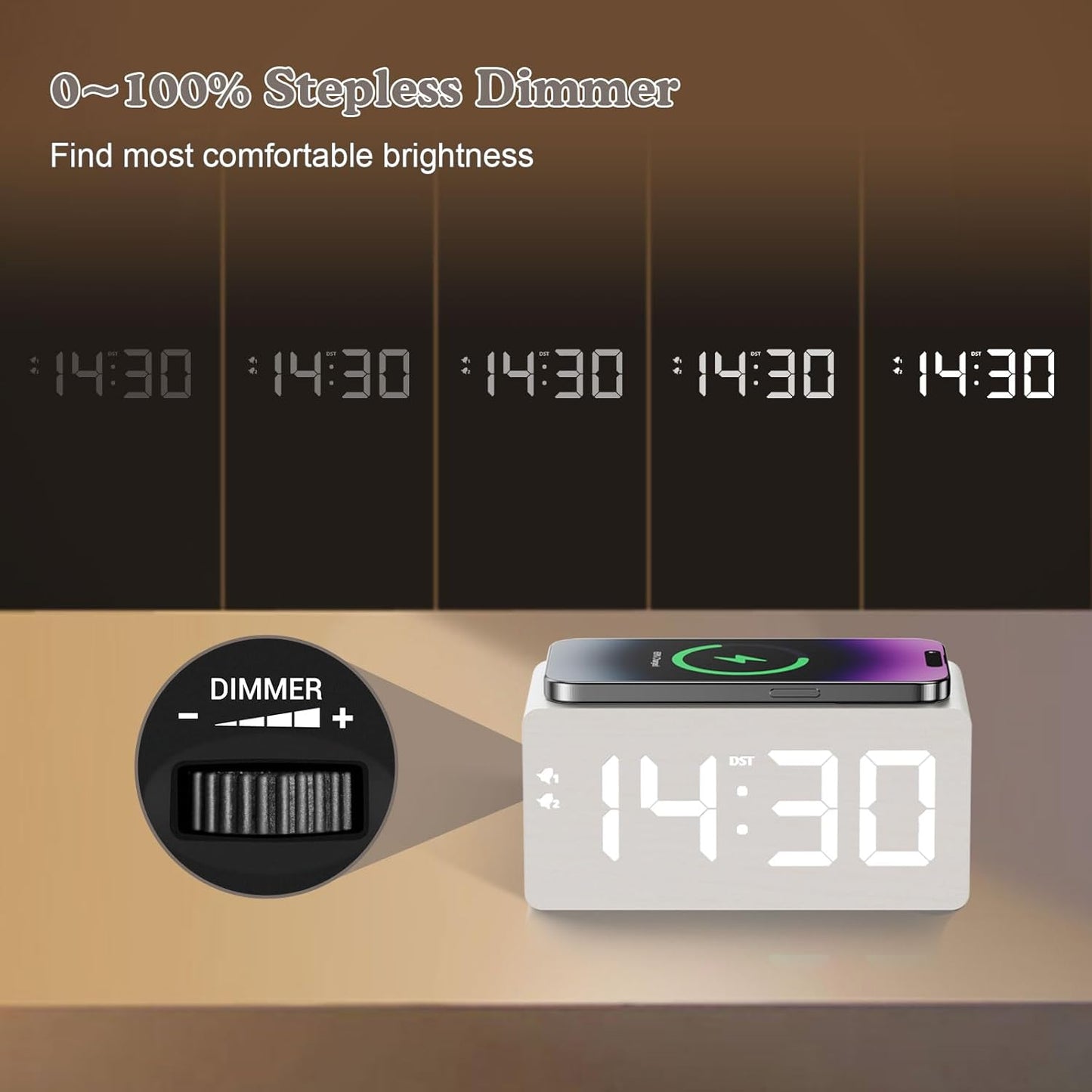 Wooden Digital Alarm Clock, 10W Fast Wireless Charger Station & 2 USB Charging Ports, with 0~99% Dimmer, Dual Alarm, Weekday/Weekend Mode, Wood LED Clock for Bedroom, Desk, Office