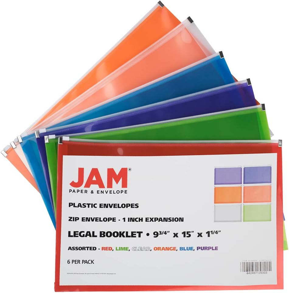 JAM PAPER Plastic Envelopes with Zip Closure - Legal Booklet - 9 1/2 x 14 1/2 - Assorted - 6/Pack