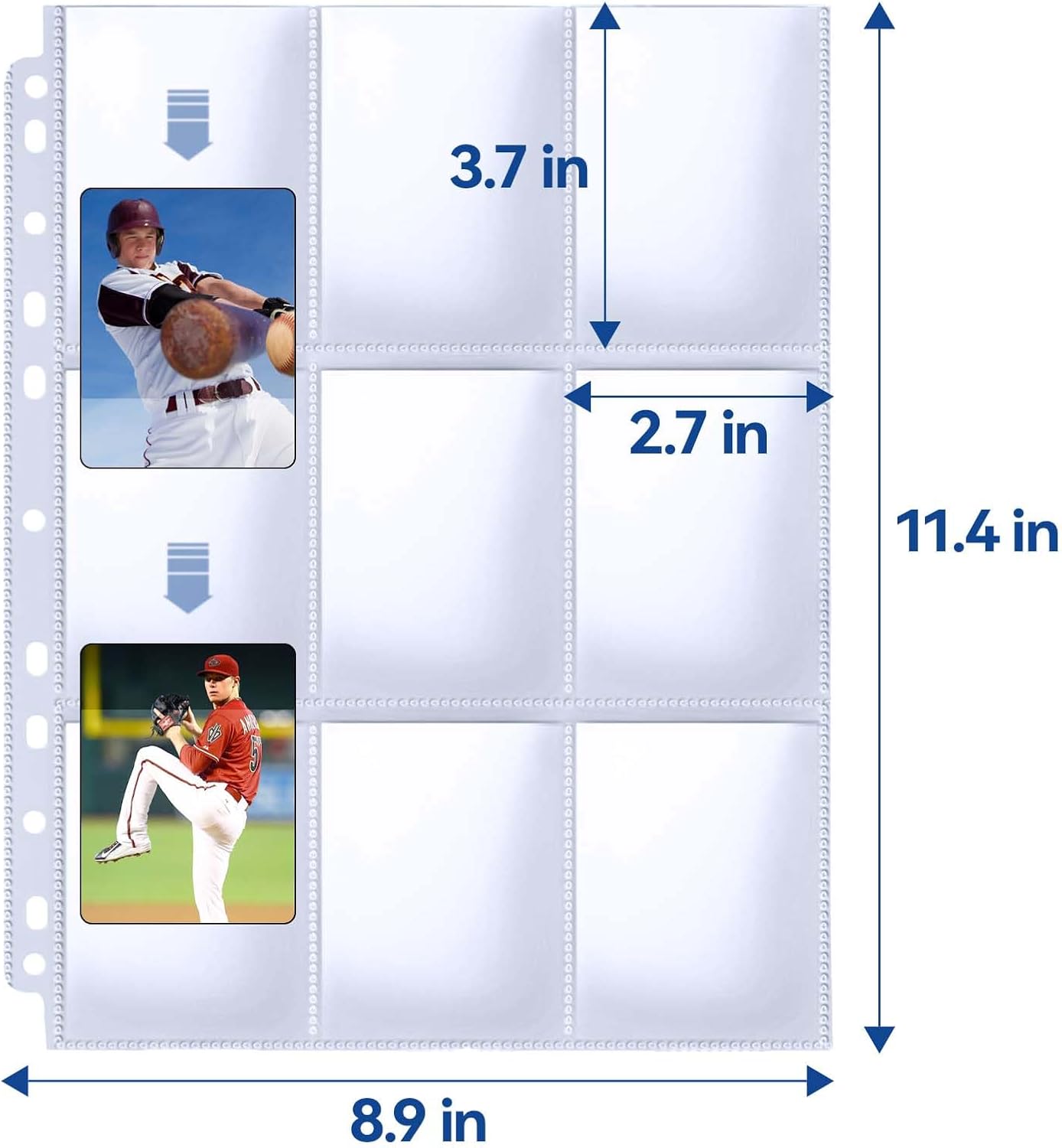 Trading Card Sleeve Pages, PANDRI 100 Pack 9 Pocket Trading Card Storage Album Pages 11 Holes Fit 3 Ring Binder