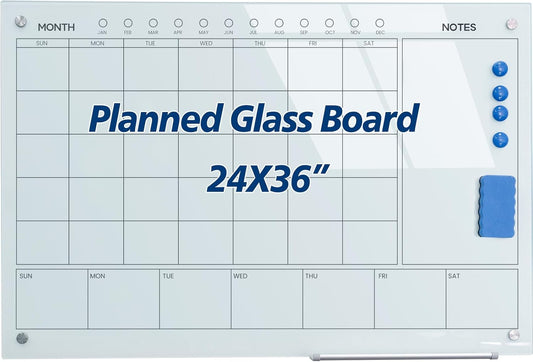 Magnetic Glass Whiteboard 36X24 Monthly Planner Calendar Dry Erase Board for Home, School, Office, Frameless, with Markers, Marker Tray, Eraser, Magnets (White)