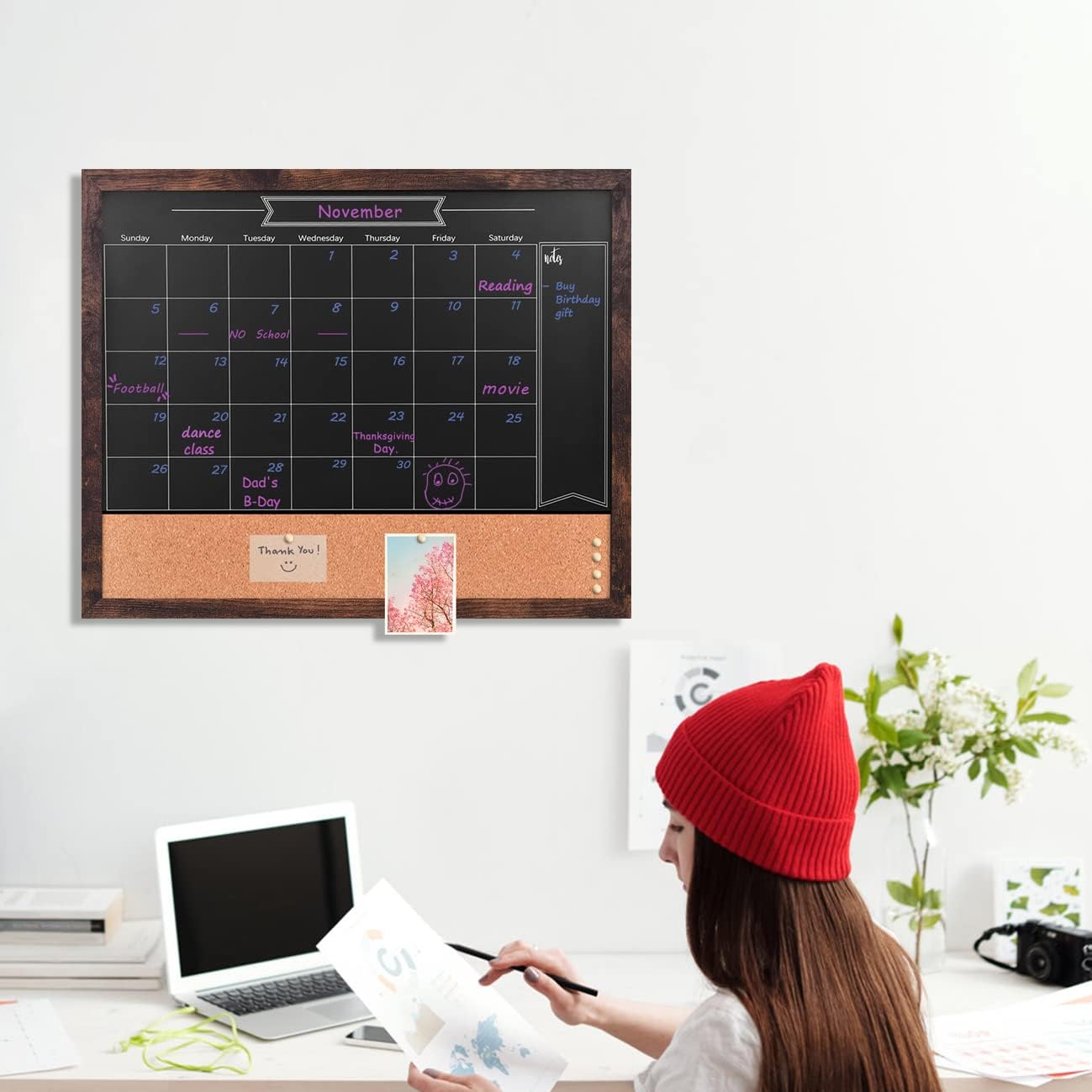 TORASO Magnetic Chalkboard Calendar Corkboard, 17.7" x 21.6" Combination Chalk Board Bulletin Board, Black Wood Framed Blackboard Calendar Cork Combo Board(ZHHB-BK-4555)
