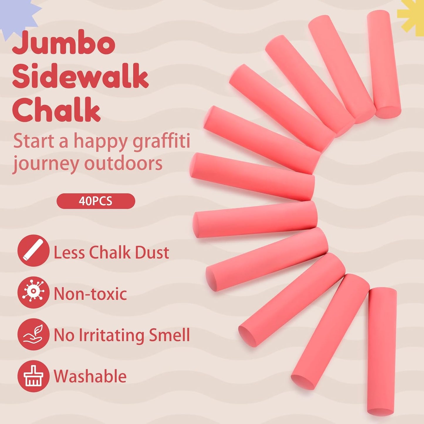 Fulmoon 40 Pcs Jumbo Sidewalk Chalk for Kids Outdoor Art Non Toxic Large Washable Street Chalk for Adults Drawing Painting Classroom(Red,Round Style)