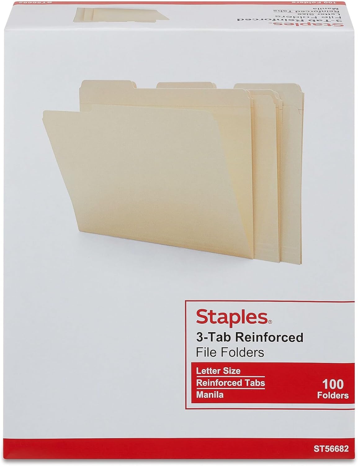 Staples 30% Recycled Reinforced File Folders, 1/3-Cut Tab, Letter Size, Manila, 100/Box (ST56682-CC)