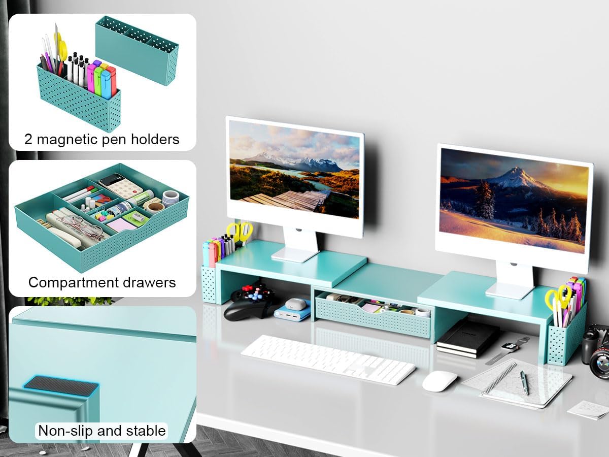 Spacrea Metal Desk Organizers and Accessories, Dual Monitor Stand Riser with Drawer and 2 Pen Holders, Desk Accessories & Workspace Desktop Organizers for Office Supplies (Blue)