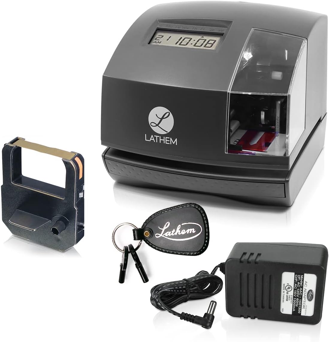 Lathem 1600e Time Clock Punch Machine & Document Stamp, Time Keeping System with Tru-Align Cards (5.7 X 6.3 X 7.2 Charcoal Gray)