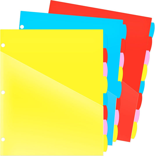 WOT I Plastic 8-tab Dividers with 2 Clear Pockets - 6 Sets, Binder Dividers for 3 Ring Binder, Bright Multicolor, Total 48 Tabs