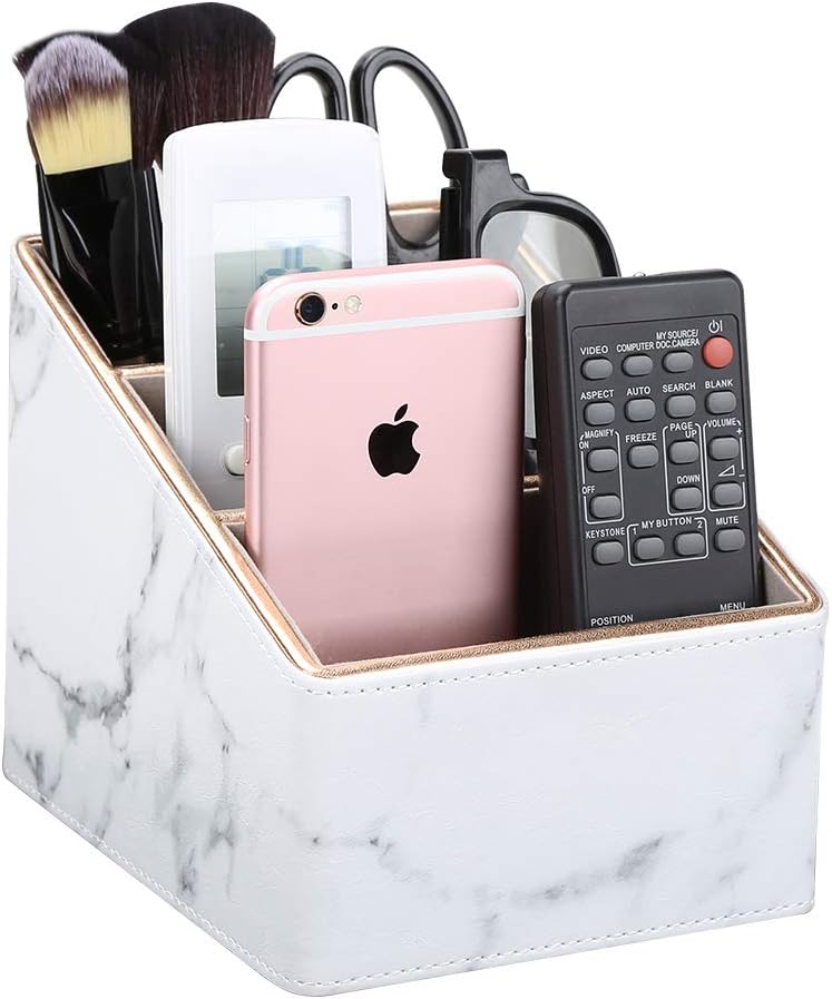 KINGFOM Remote Control Holder with 3 Compartments, Pu Leather Remote Caddy Desktop Organizer for TV, CD, Blu-Ray, Media Player, Heater Controllers and Cosmetics Office Supplies (White Marble)